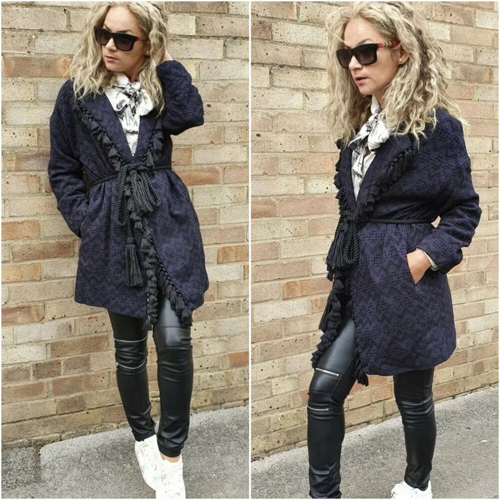 Zara Navy Jacquard Fringe Tassel Kimono Jacket